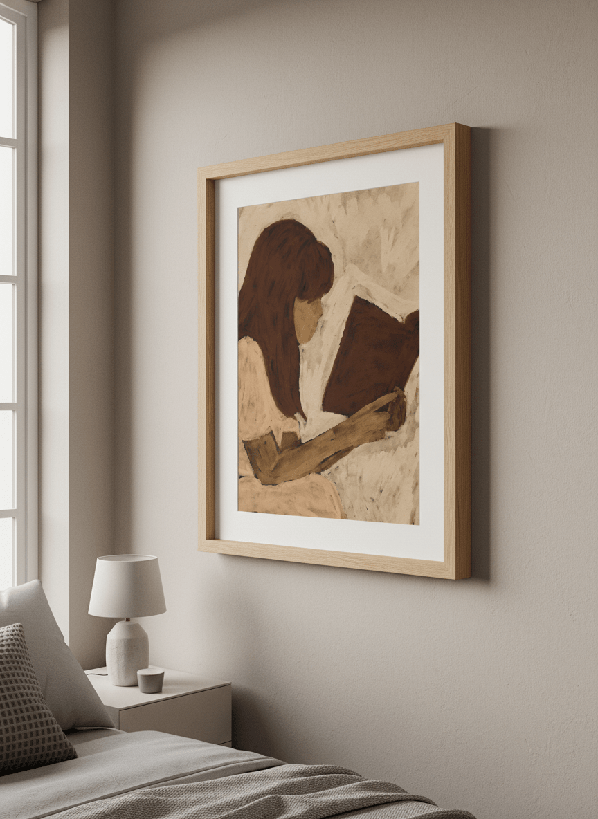 Minimalist artwork displayed in a calm, light-filled bedroom interior