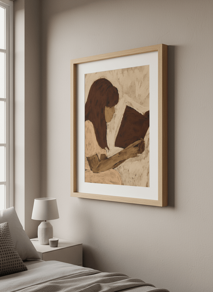 Minimalist artwork displayed in a calm, light-filled bedroom interior