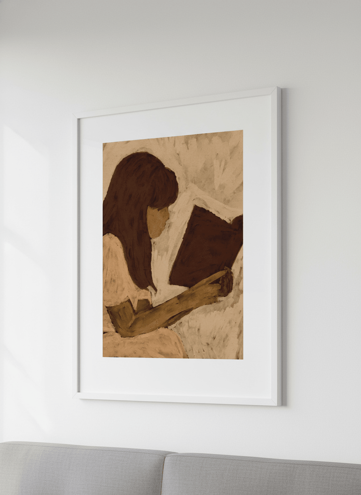 Minimalist artwork displayed in a calm, light-filled bedroom interior
