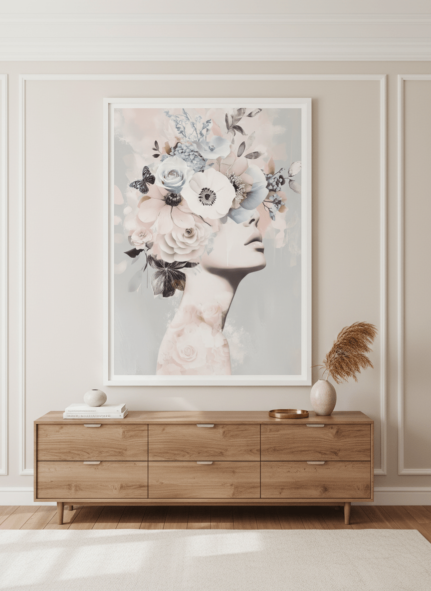 Monumental artwork centred on a feature wall in a luxe interior
