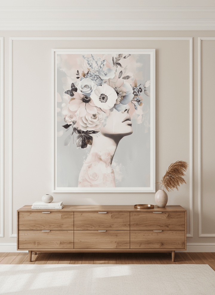 Monumental artwork centred on a feature wall in a luxe interior