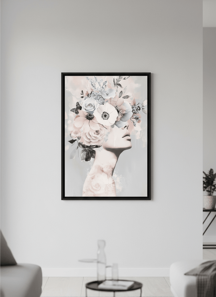 Modern wall art styled above a sofa in a neutral living room