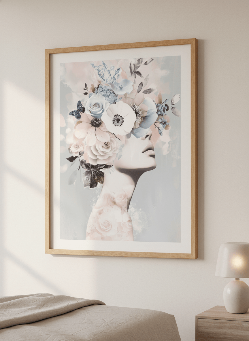 Minimalist artwork displayed in a calm, light-filled bedroom interior