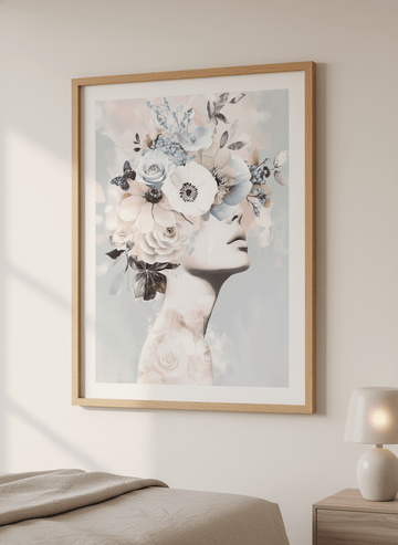 Minimalist artwork displayed in a calm, light-filled bedroom interior