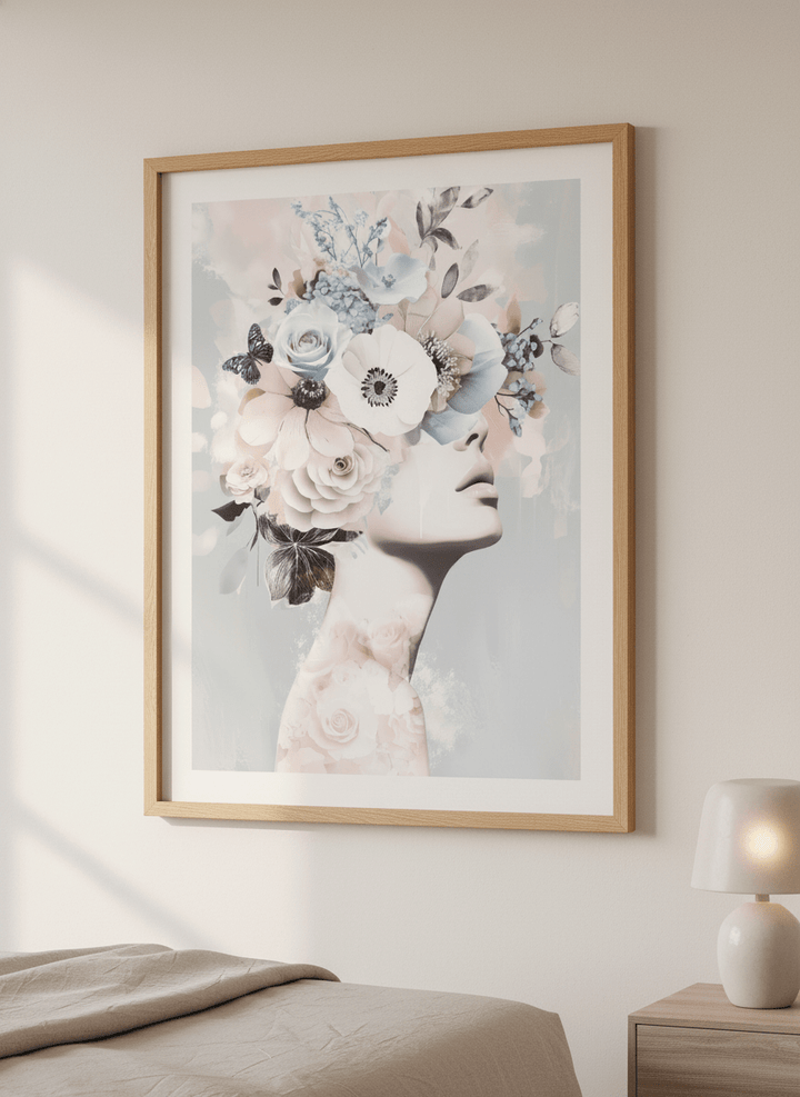 Minimalist artwork displayed in a calm, light-filled bedroom interior