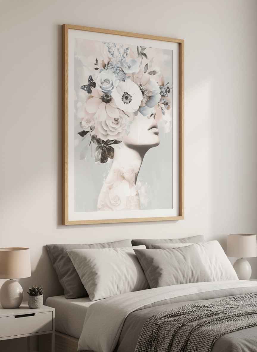 Minimalist artwork displayed in a calm, light-filled bedroom interior