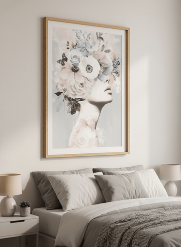 Minimalist artwork displayed in a calm, light-filled bedroom interior