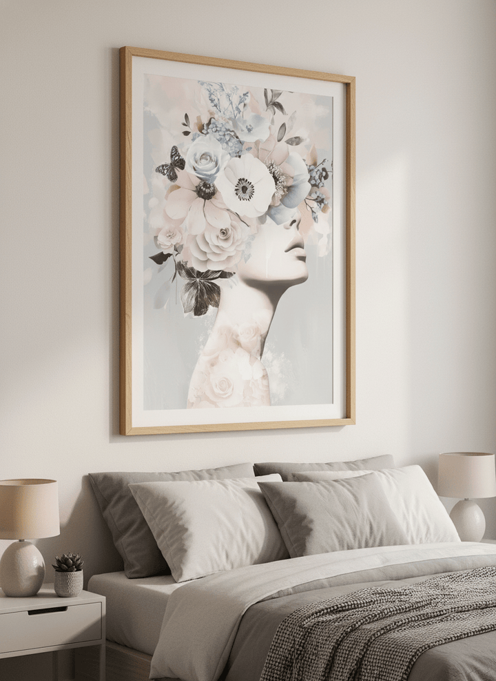 Minimalist artwork displayed in a calm, light-filled bedroom interior