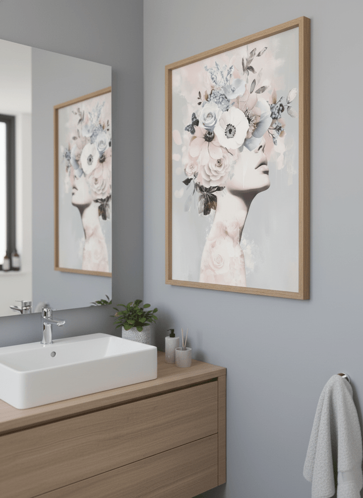 Modern print displayed in a clean minimalist bathroom setting