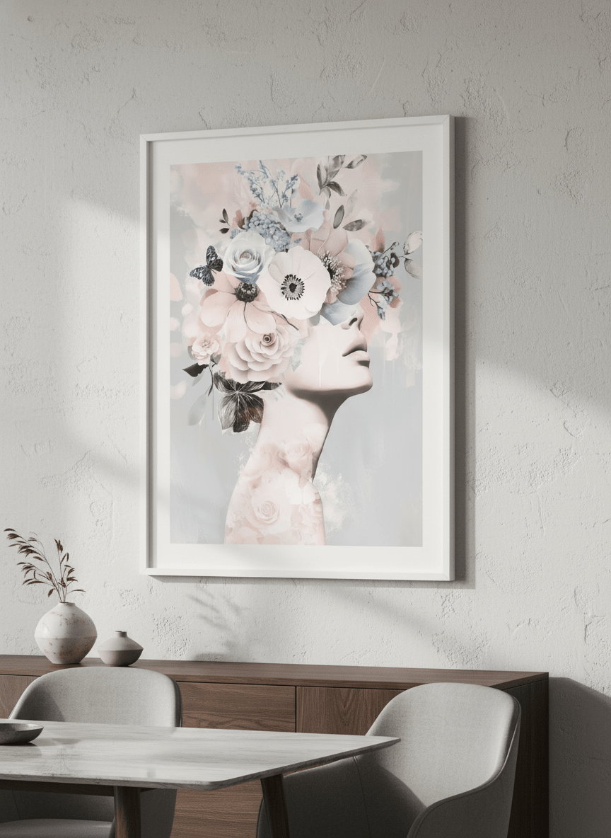 Wall art styled above a dining table in a contemporary home