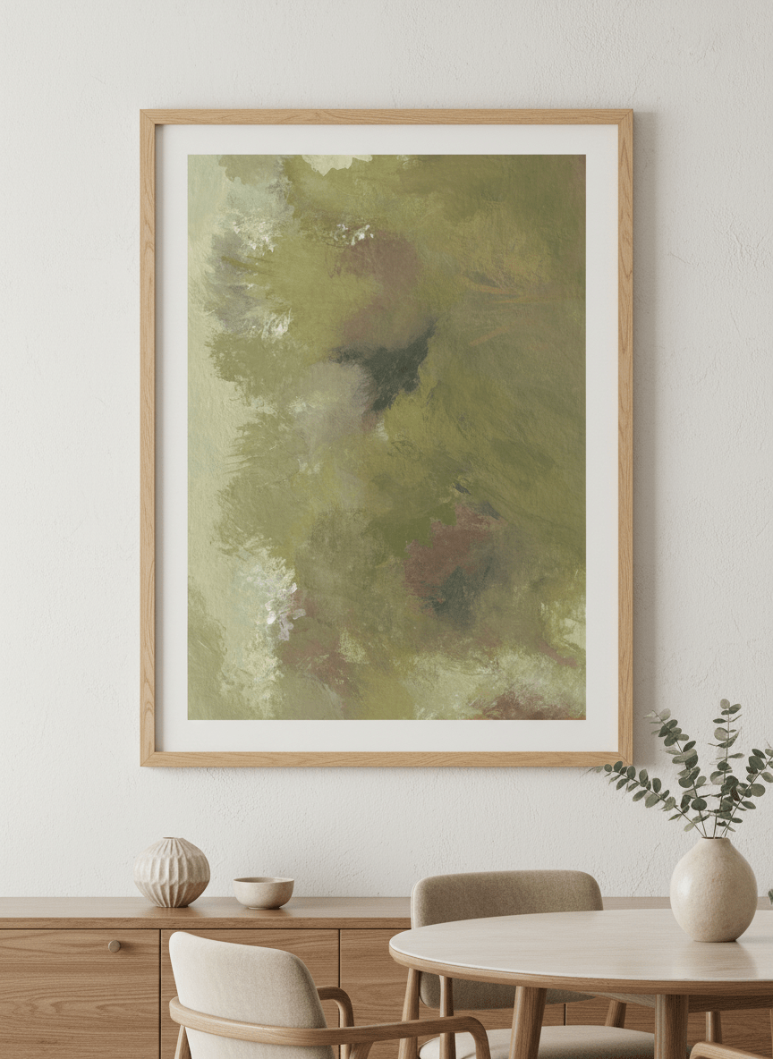 Wall art styled above a dining table in a contemporary home