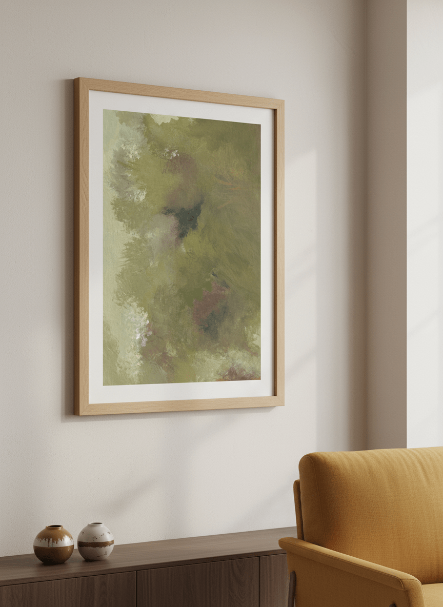 Modern wall art styled above a sofa in a neutral living room