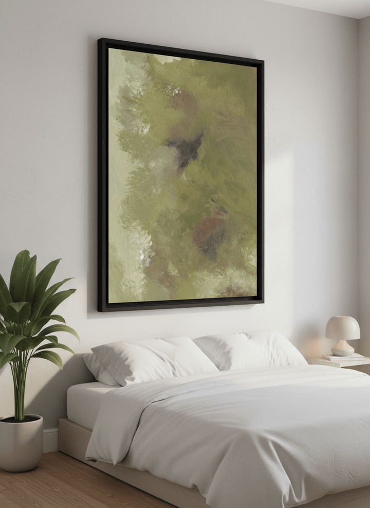 Minimalist artwork displayed in a calm, light-filled bedroom interior