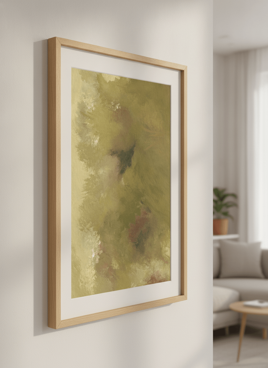Modern wall art styled above a sofa in a neutral living room
