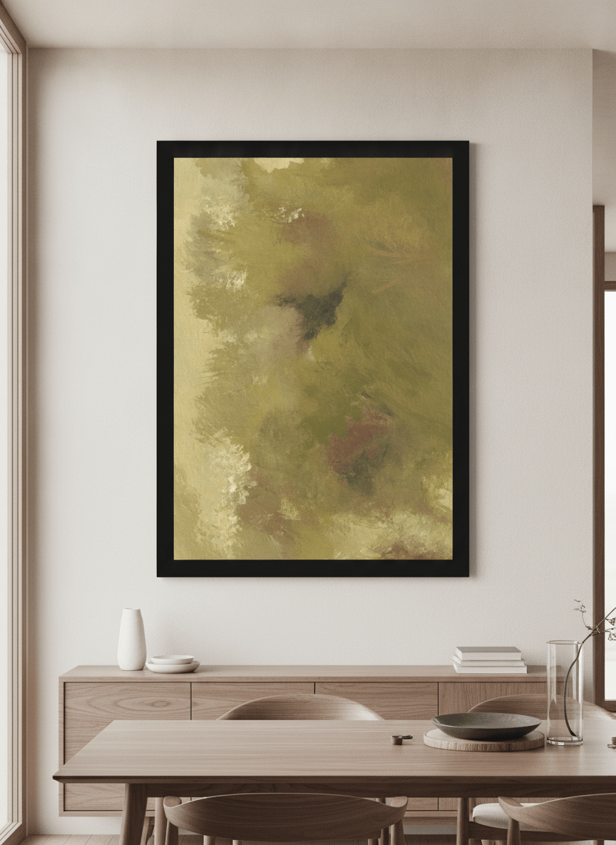 Wall art styled above a dining table in a contemporary home
