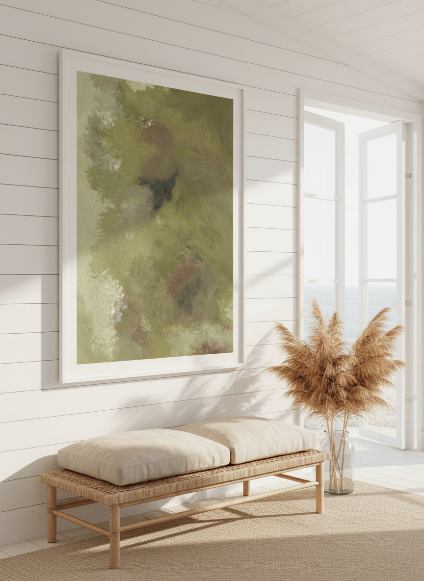 Neutral wall art displayed in a sunny coastal beach house