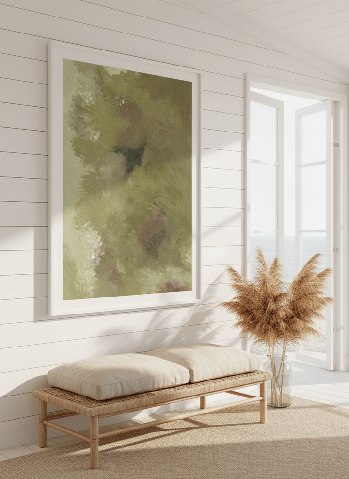 Neutral wall art displayed in a sunny coastal beach house