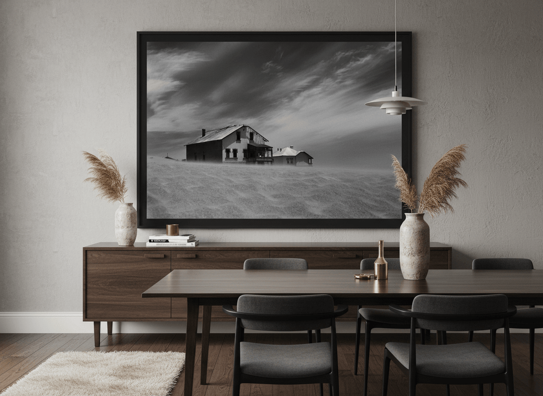 Monumental artwork centred on a feature wall in a luxe interior