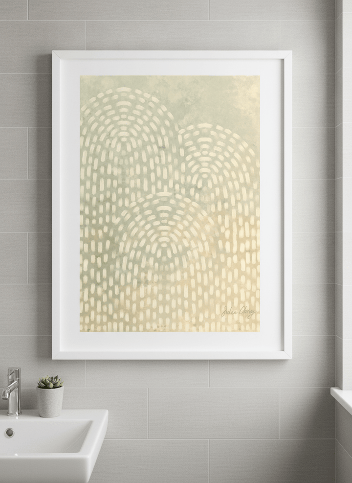 Modern print displayed in a clean minimalist bathroom setting