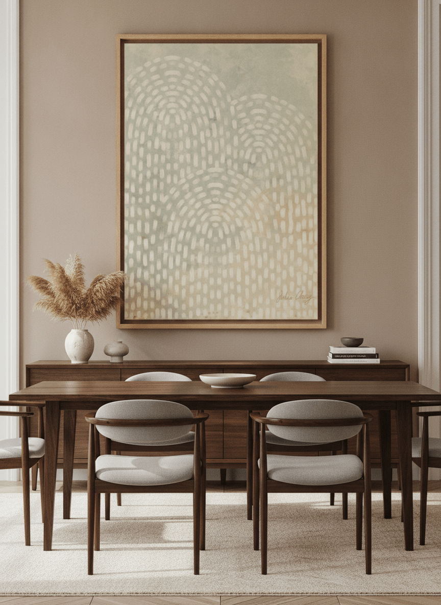 Monumental artwork centred on a feature wall in a luxe interior