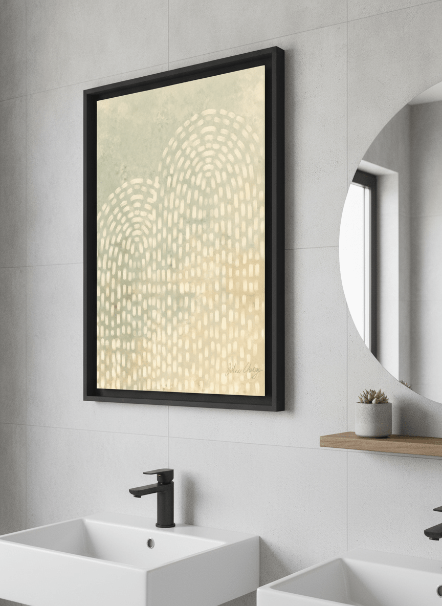 Modern print displayed in a clean minimalist bathroom setting