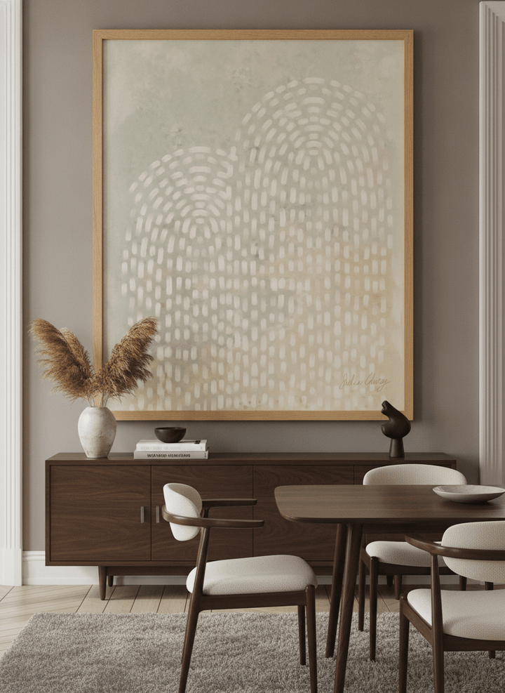 Monumental artwork centred on a feature wall in a luxe interior