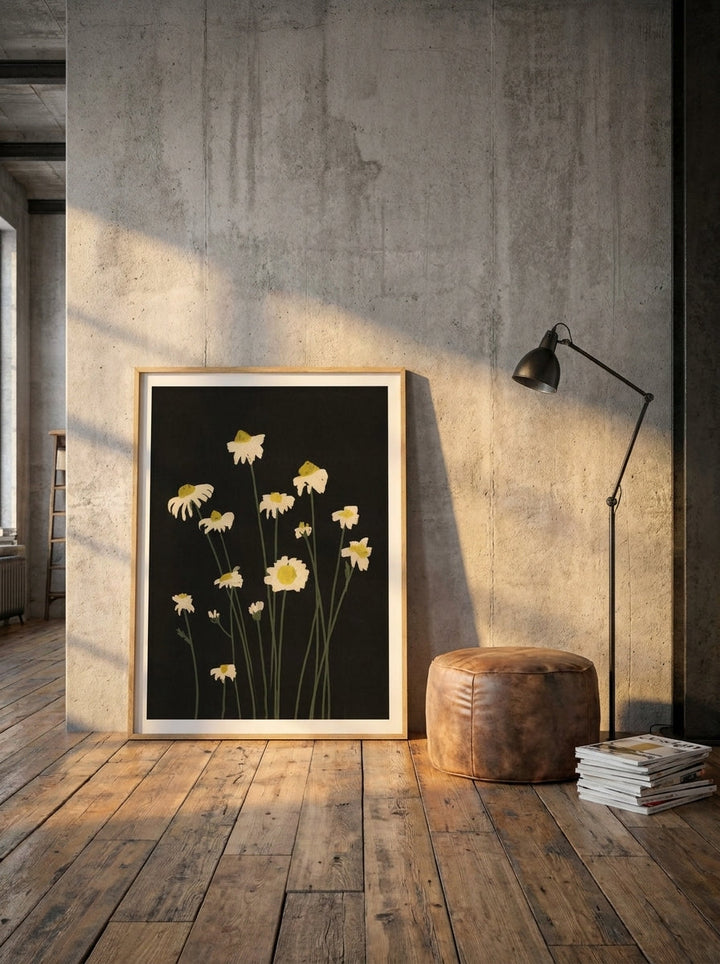 Oversized statement modern wall art print leaning against the wall in an industrial loft home office