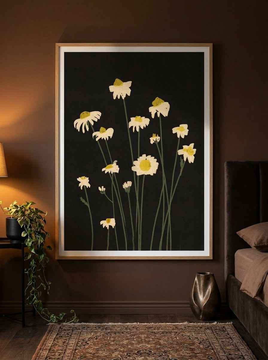 Modern wall art print styled on the wall in a moody bedroom