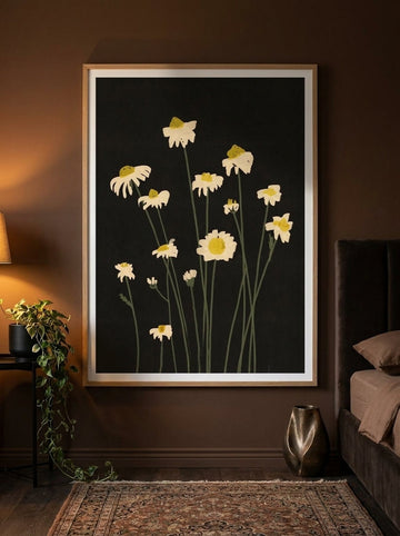 Modern wall art print styled on the wall in a moody bedroom