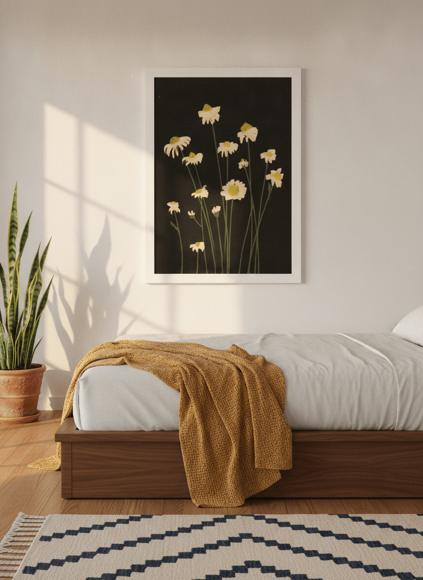 Modern wall art print styled on the wall in a mid-century bedroom