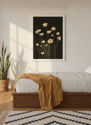 Modern wall art print styled on the wall in a mid-century bedroom