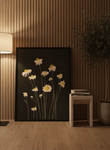 Modern wall art print leaning against the wall in a luxe bathroom