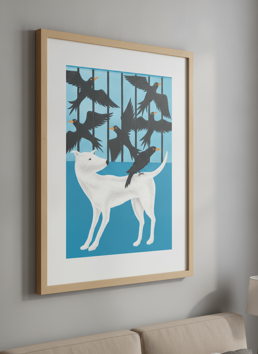 Minimalist artwork displayed in a calm, light-filled bedroom interior
