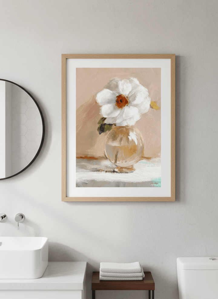 Modern print displayed in a clean minimalist bathroom setting