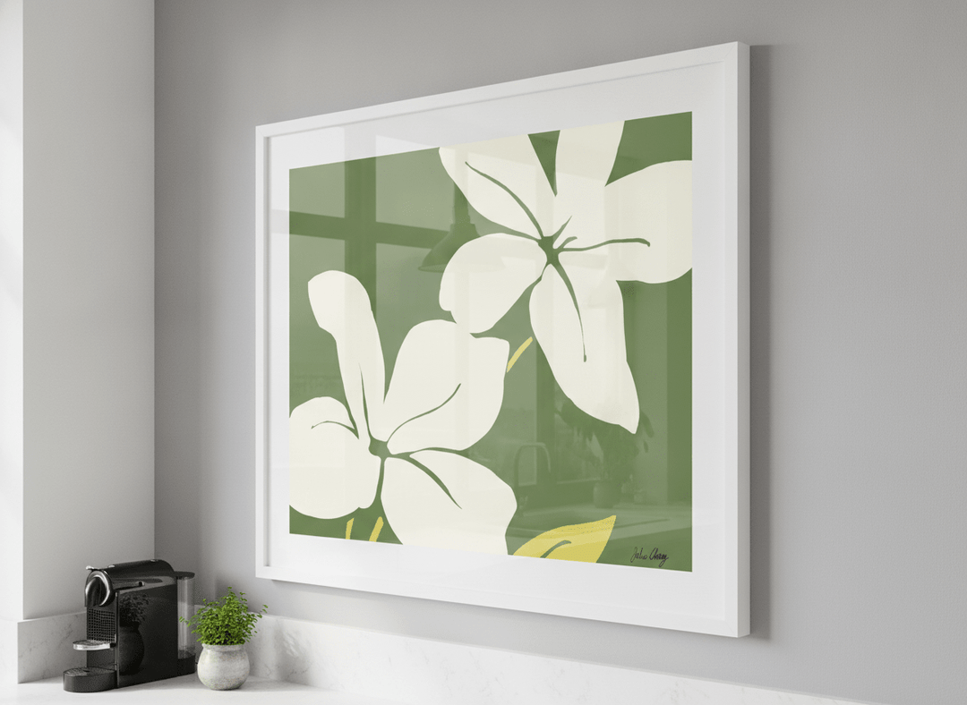 Artwork styled on the wall of a bright modern kitchen