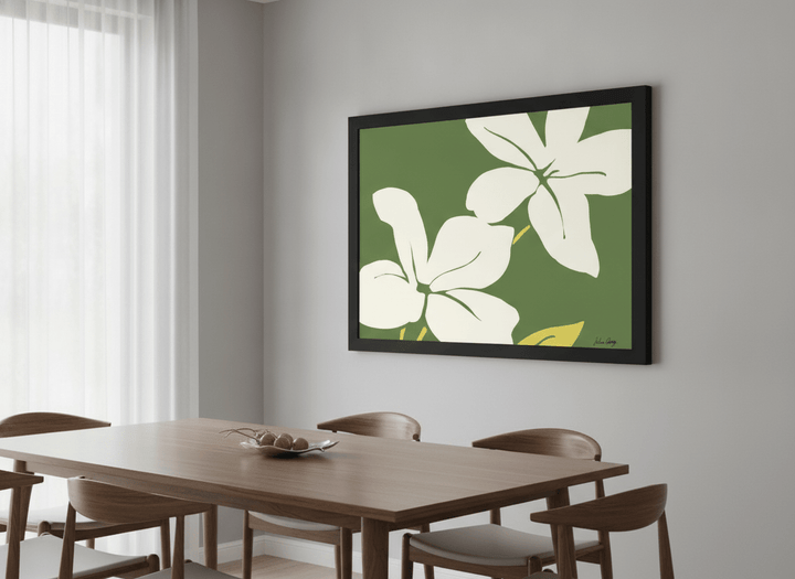 Wall art styled above a dining table in a contemporary home