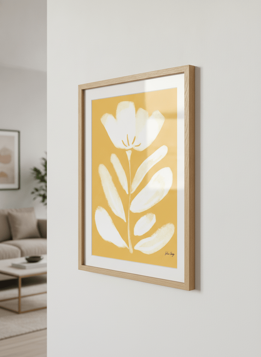 Modern wall art styled above a sofa in a neutral living room