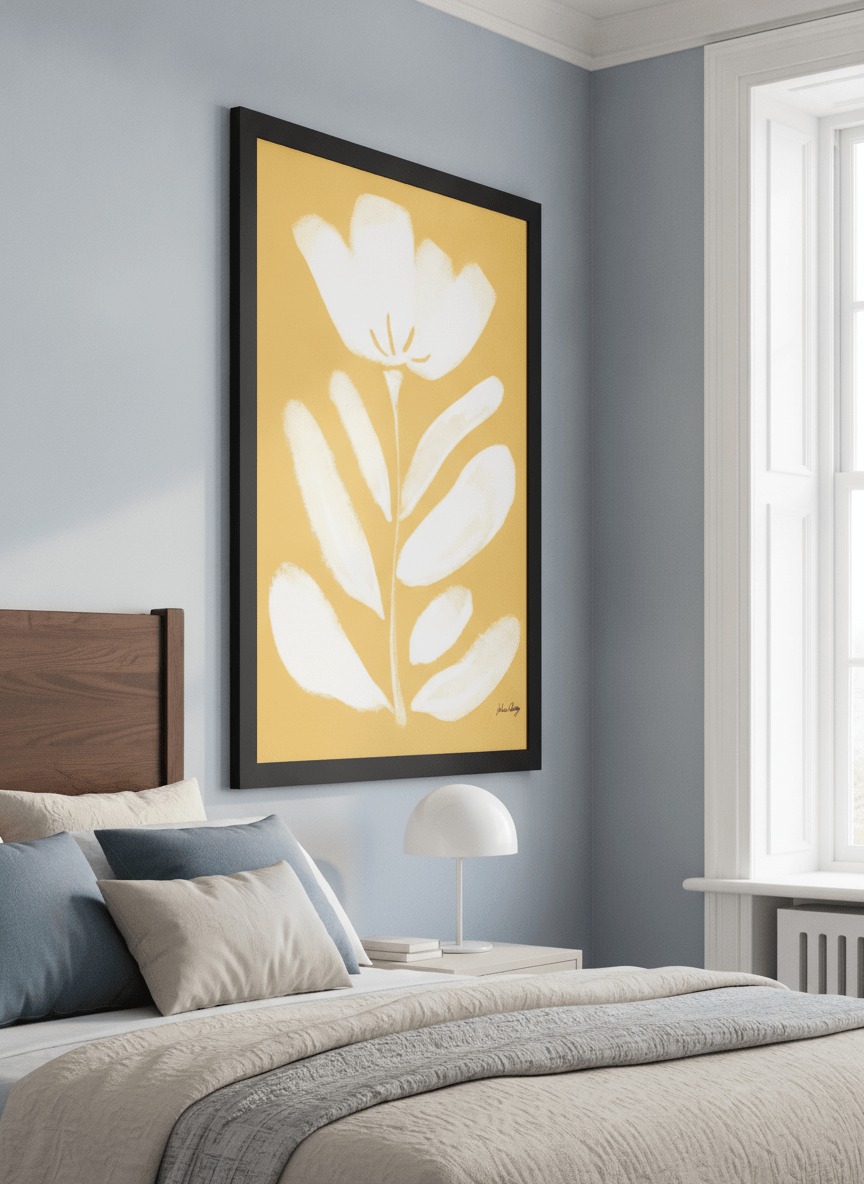 Minimalist artwork displayed in a calm, light-filled bedroom interior