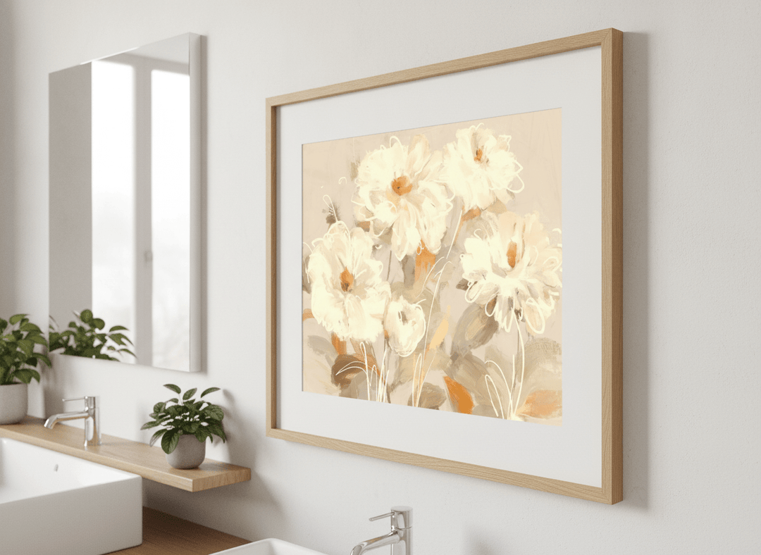 Modern print displayed in a clean minimalist bathroom setting