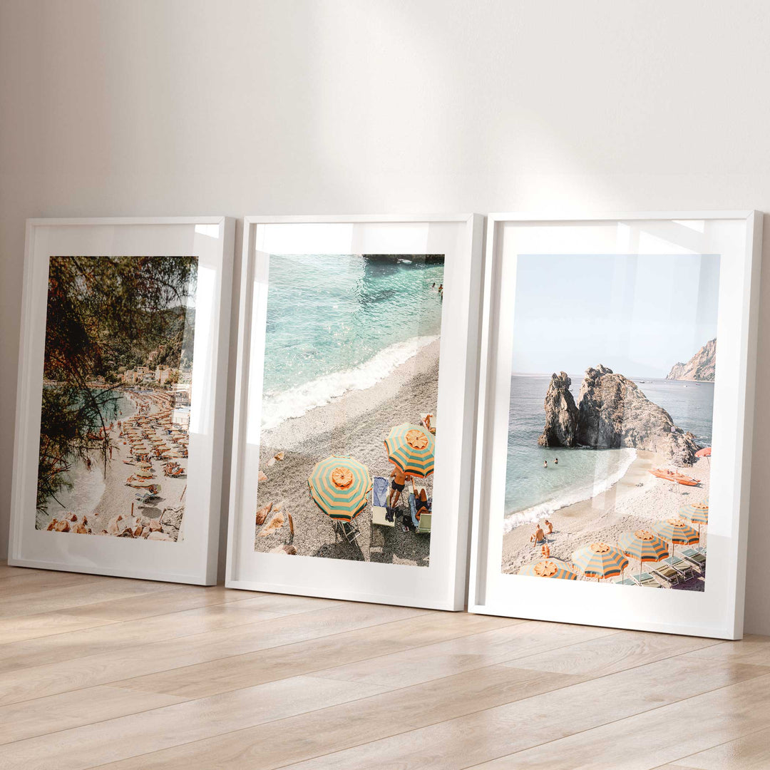 cinque terre set of 3 white border white frame coastal