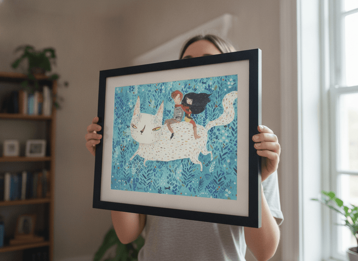 Person showcasing the artwork against a clean modern interior wall