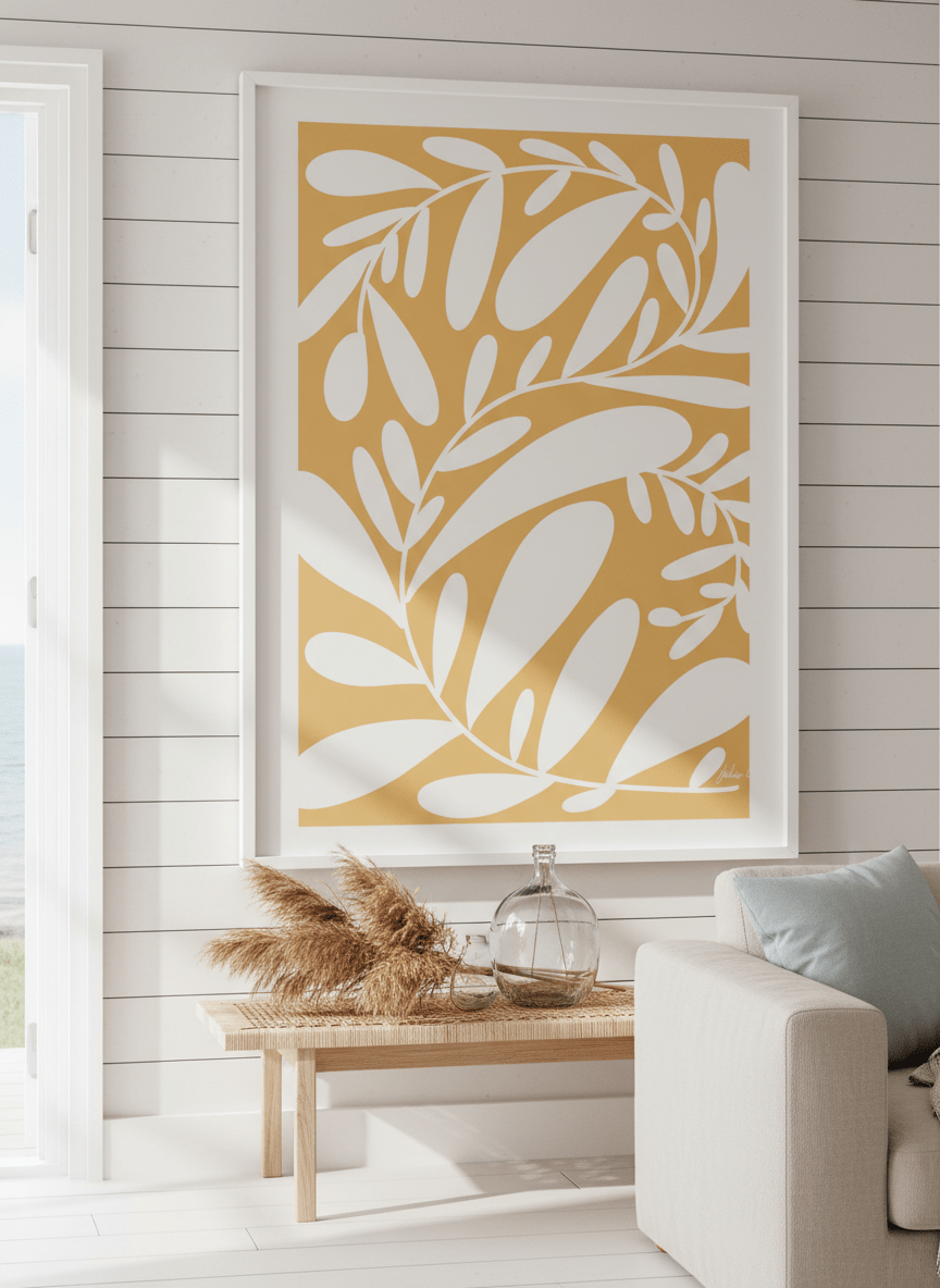 Neutral wall art displayed in a sunny coastal beach house