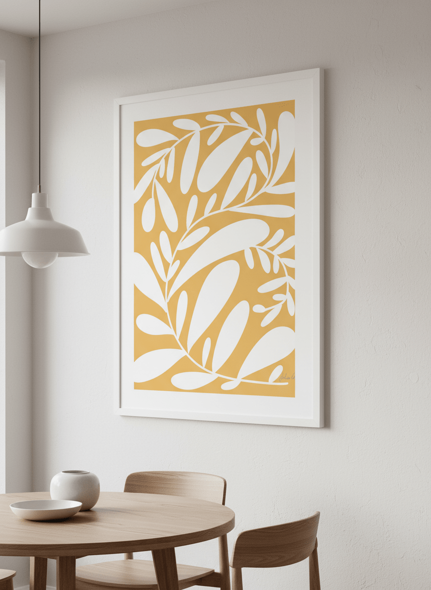 Wall art styled above a dining table in a contemporary home