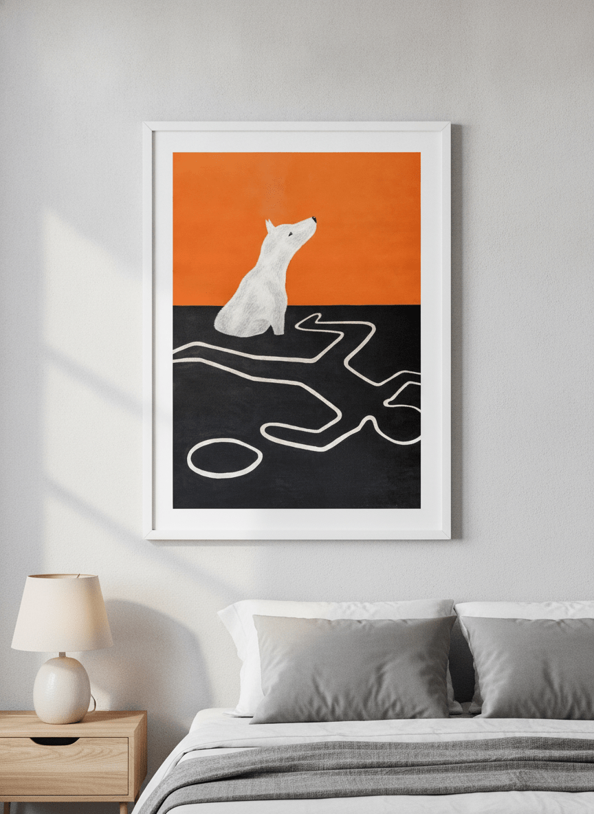 Minimalist artwork displayed in a calm, light-filled bedroom interior