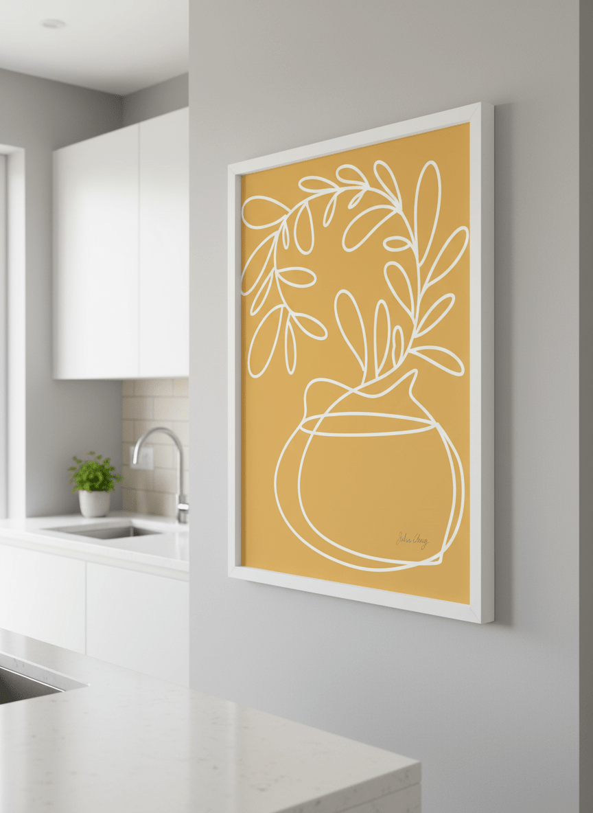 Artwork styled on the wall of a bright modern kitchen