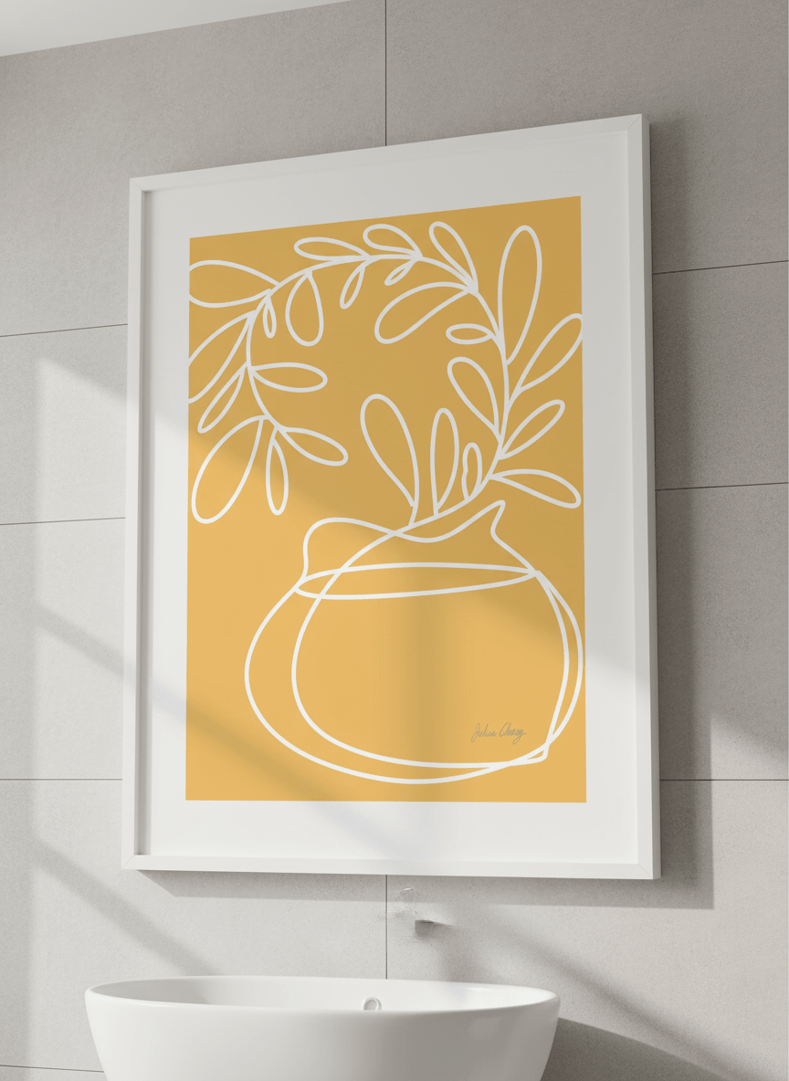 Modern print displayed in a clean minimalist bathroom setting