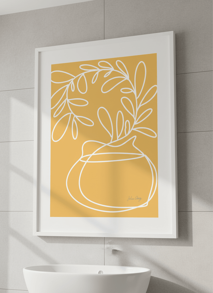 Modern print displayed in a clean minimalist bathroom setting