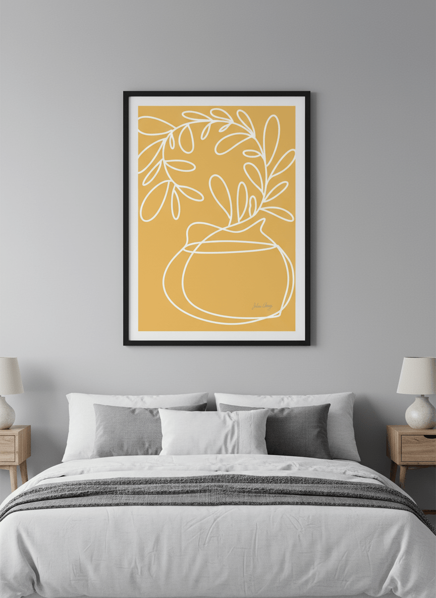 Minimalist artwork displayed in a calm, light-filled bedroom interior