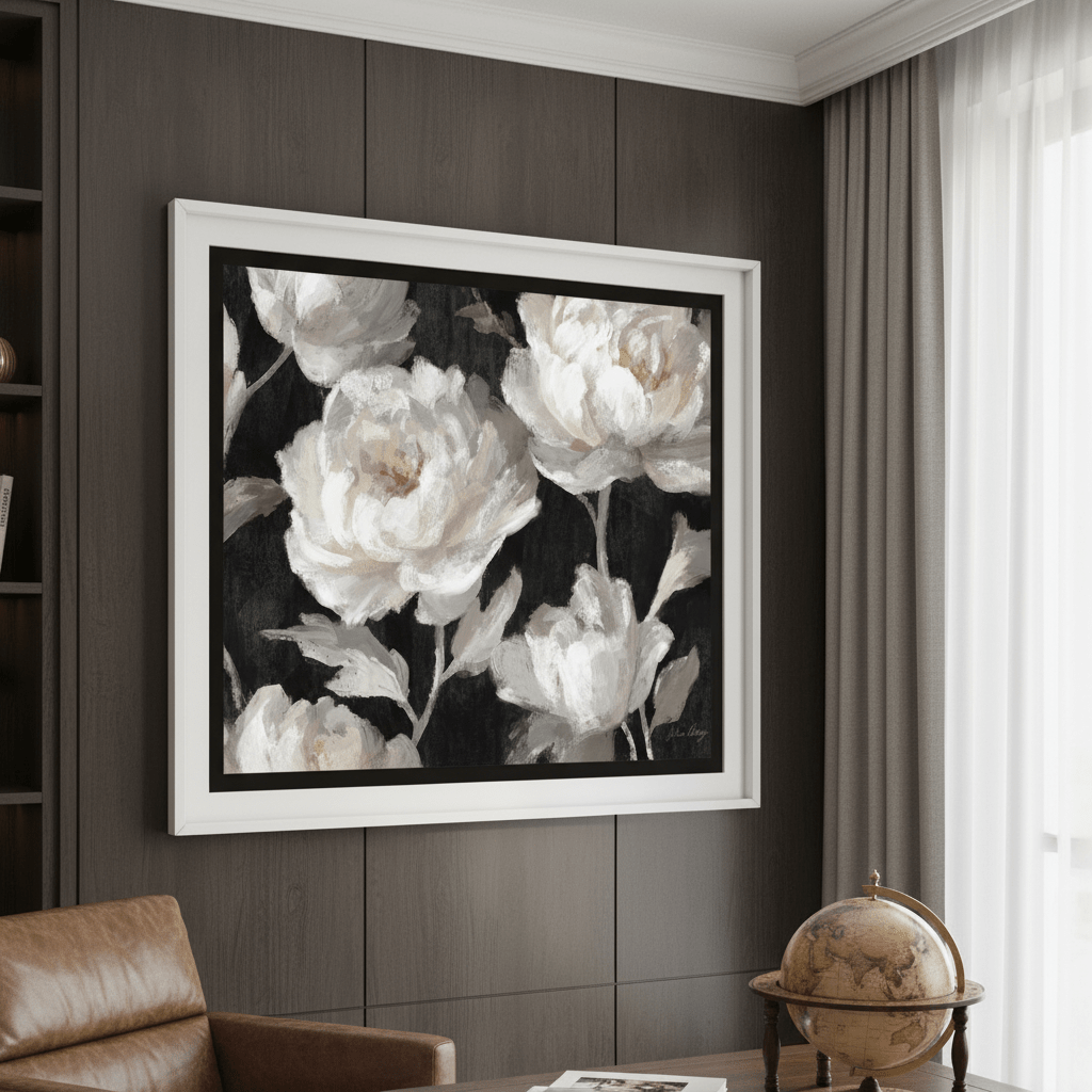 White Peonies on Black by Julia Cheney wall - art - picture - poster