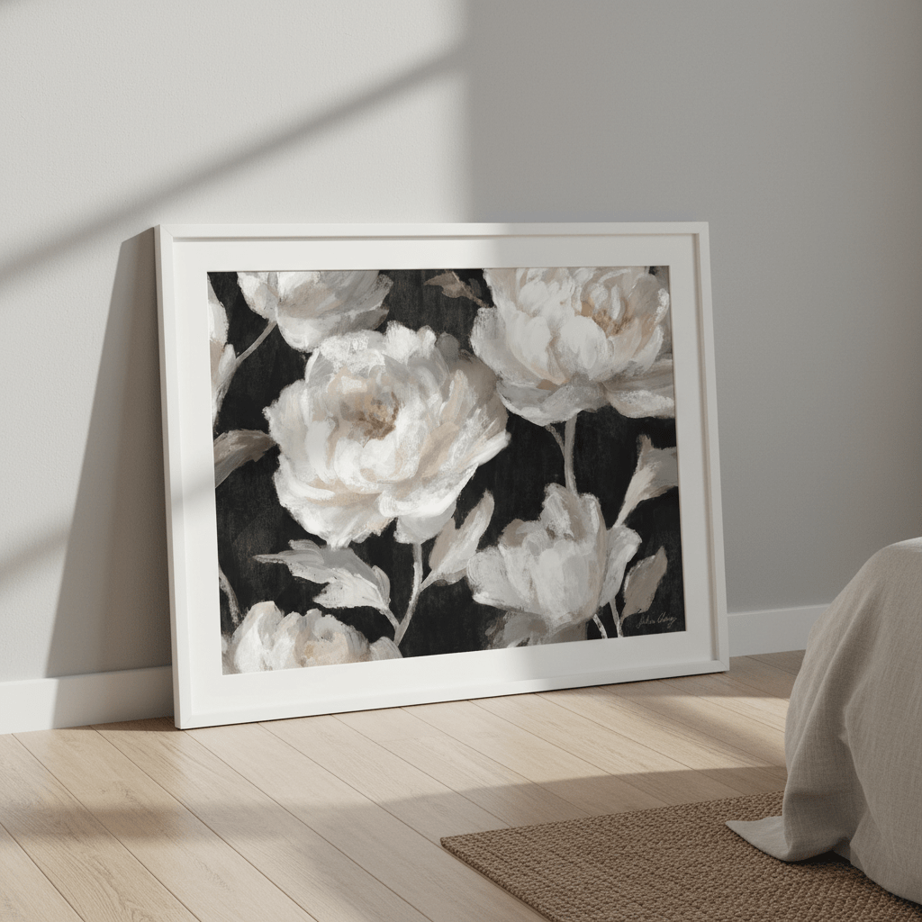White Peonies on Black by Julia Cheney wall - art - picture - poster